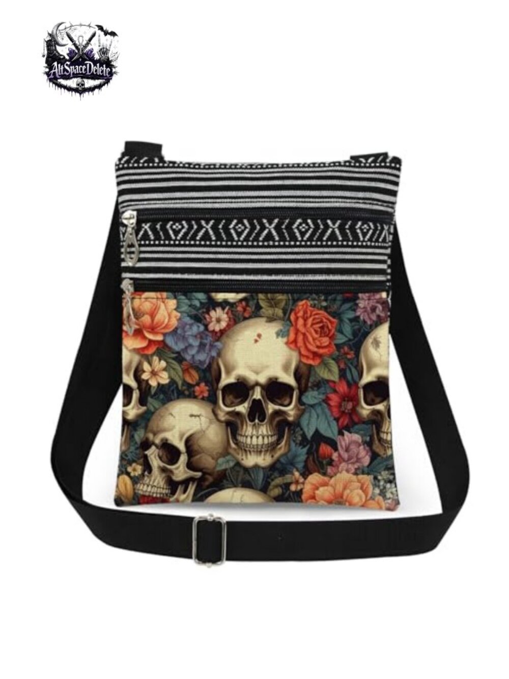 Polyester Skull Floral Print Crossbody Bag Adjustable Strap Double Zip